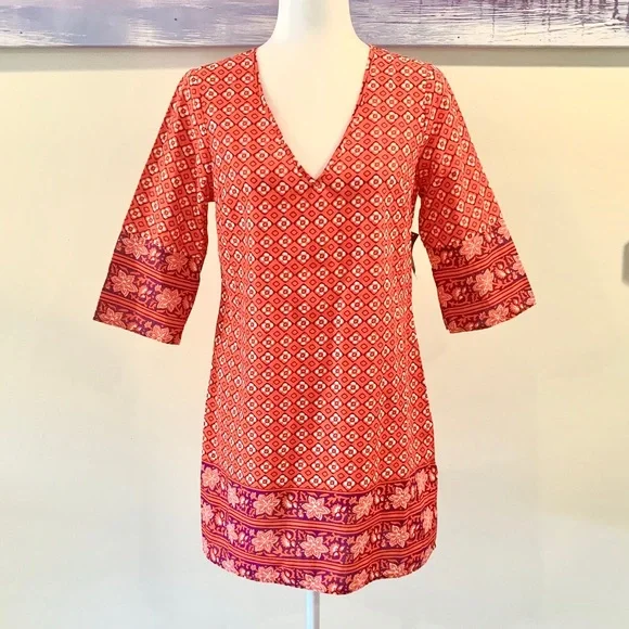 Old Navy Geometric Red 3/4 Sleeve Shift Dress - Picture 2 of 8
